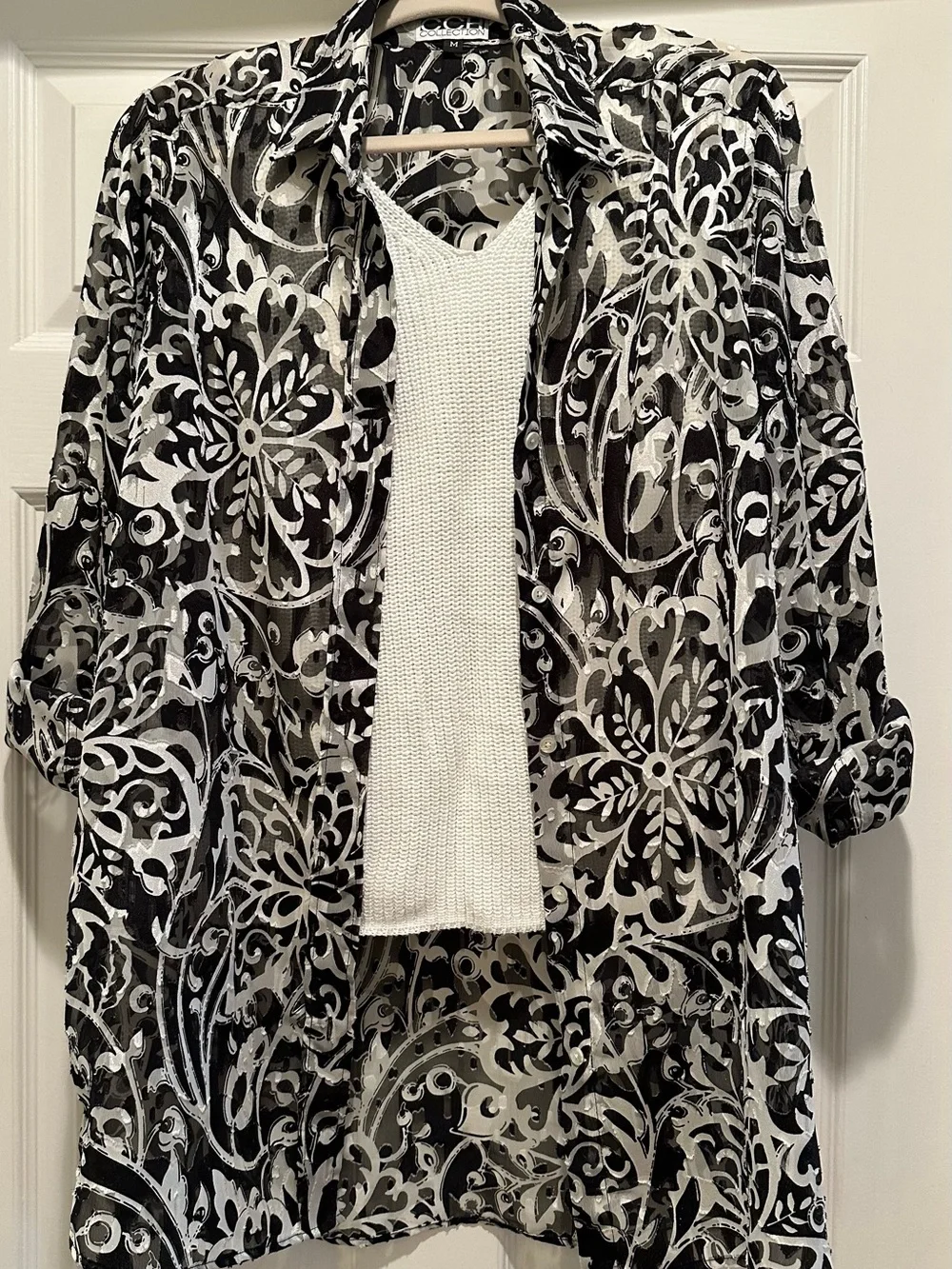 Black & White Sheer Floral Button-Front Blouse